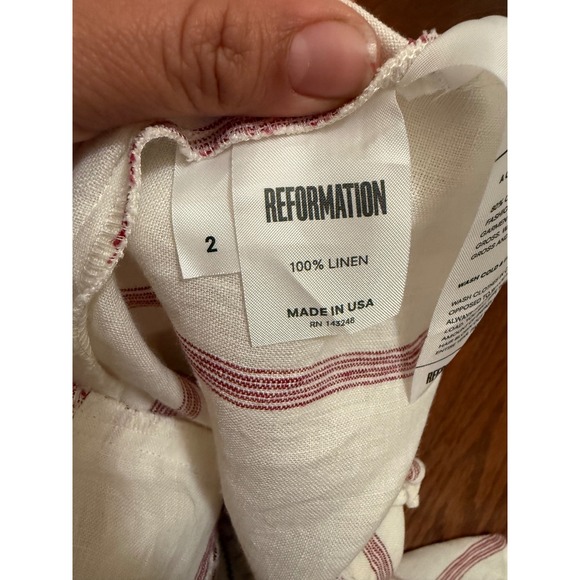 Reformation 100% Linen Striped Midi Dress White Red Ruffle Slit Size 2 - Picture 3 of 6